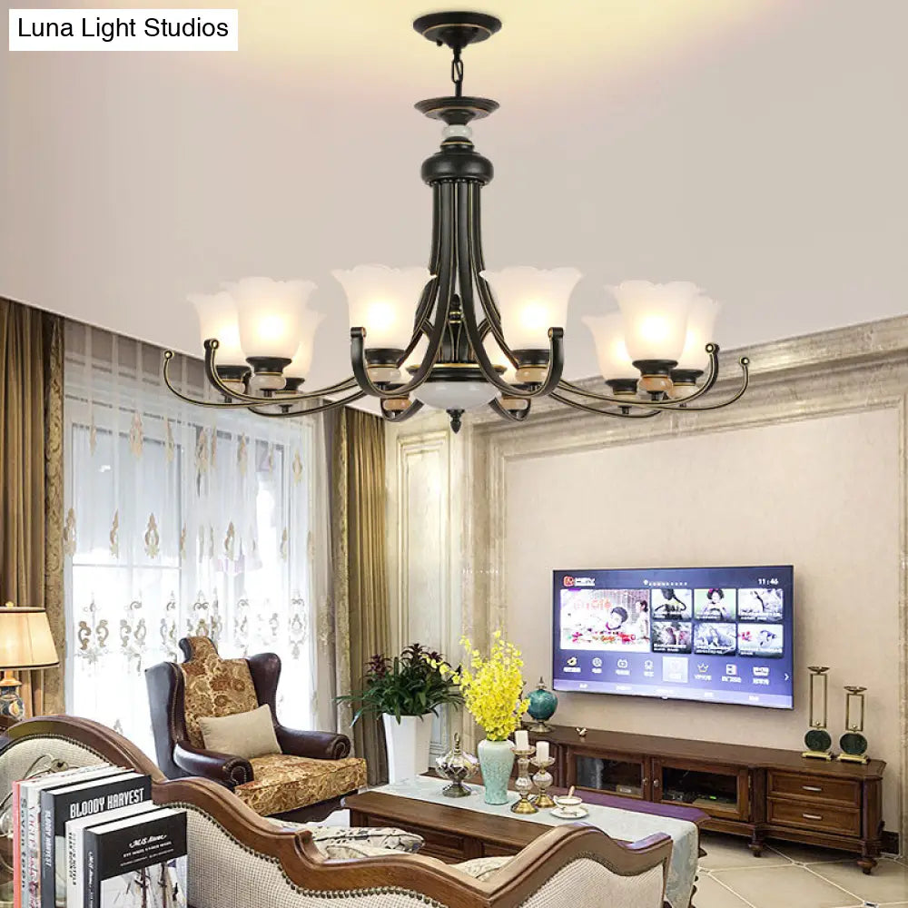 Vintage Black Chandelier: Flower White Glass Ceiling Light 3/6/8 Lights For Bedroom Fixture