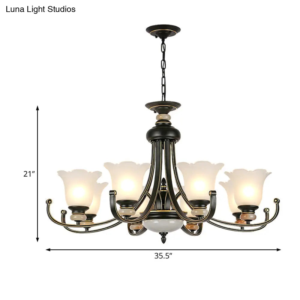 Vintage Black Chandelier: Flower White Glass Ceiling Light 3/6/8 Lights For Bedroom Fixture