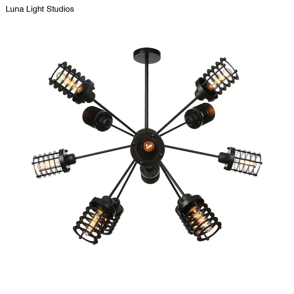 Vintage Black Chandelier Light: Starburst Metal With 9/12/15 Heads & Cylinder Frame Shade For