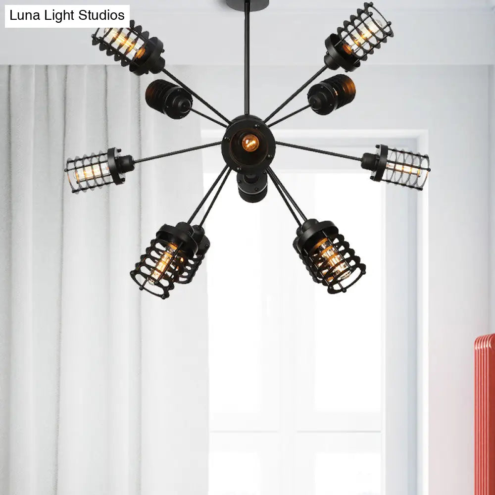 Vintage Black Chandelier Light: Starburst Metal With 9/12/15 Heads & Cylinder Frame Shade For
