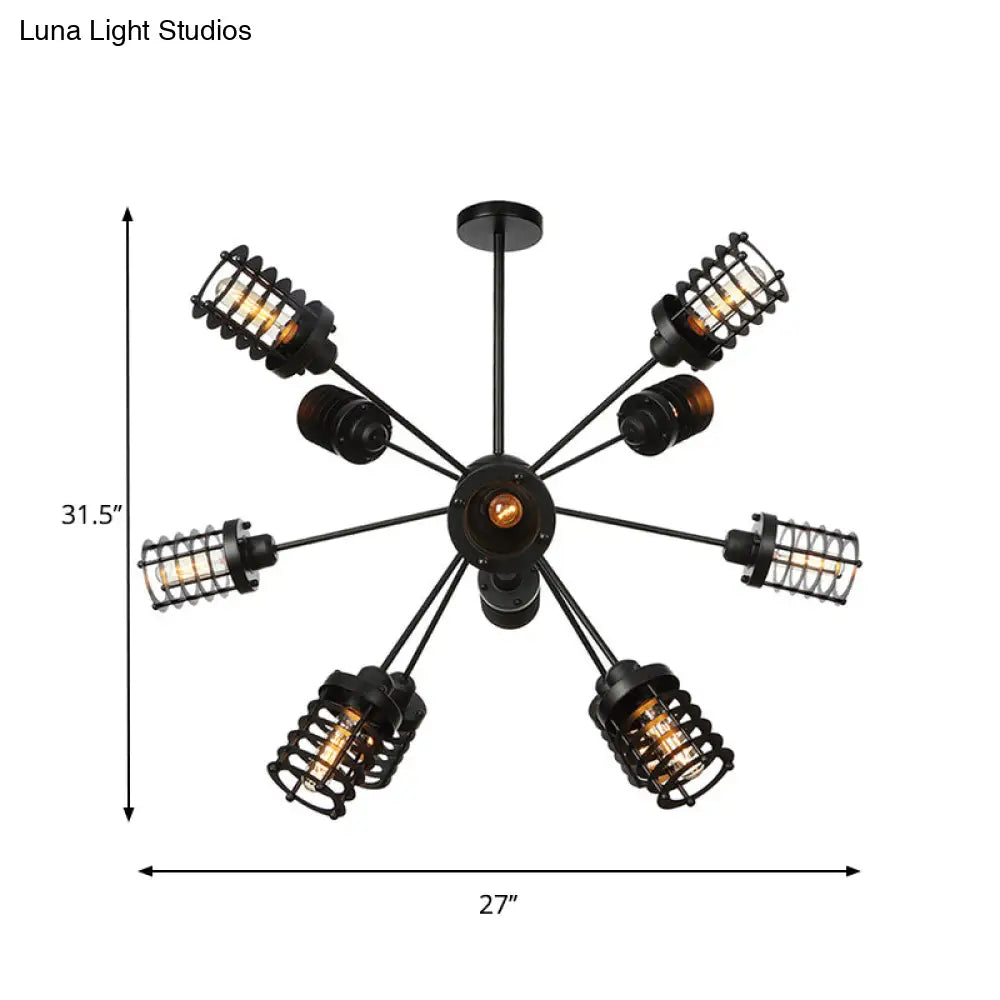 Vintage Black Chandelier Light: Starburst Metal With 9/12/15 Heads & Cylinder Frame Shade For