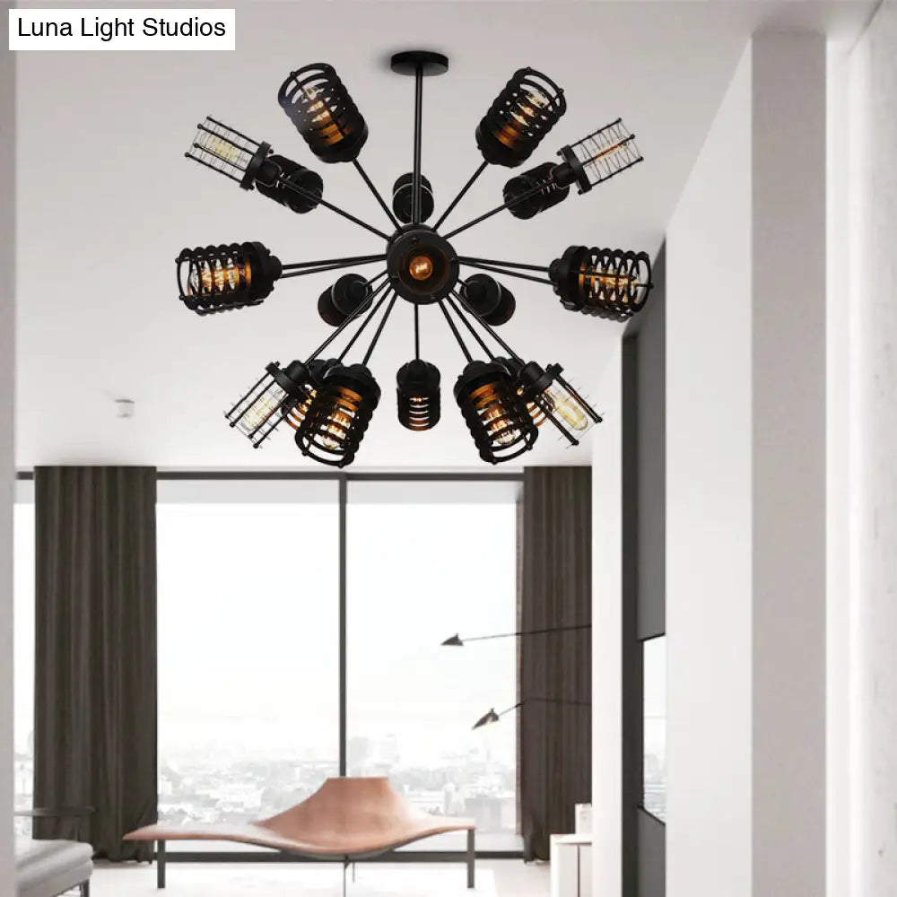 Vintage Black Chandelier Light: Starburst Metal With 9/12/15 Heads & Cylinder Frame Shade For