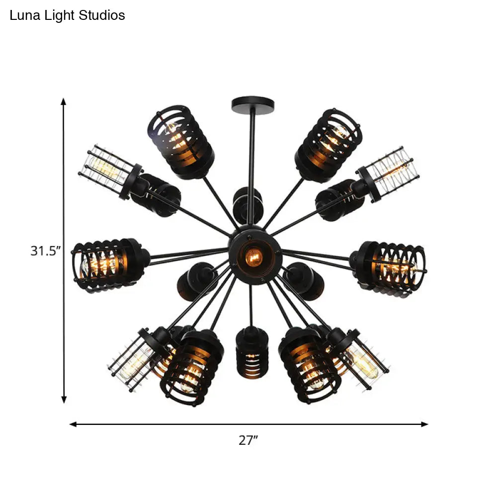 Vintage Black Chandelier Light: Starburst Metal With 9/12/15 Heads & Cylinder Frame Shade For
