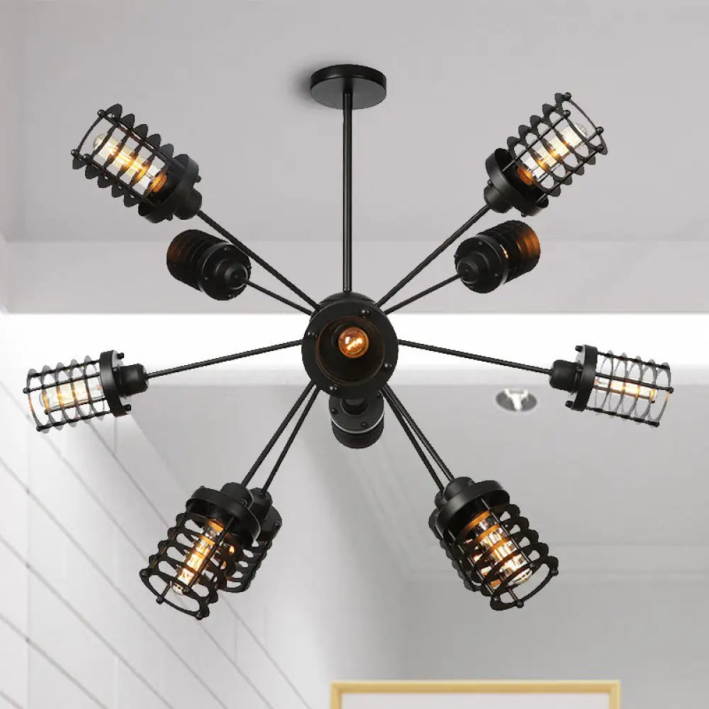 Vintage Black Chandelier Light: Starburst Metal With 9/12/15 Heads & Cylinder Frame Shade For