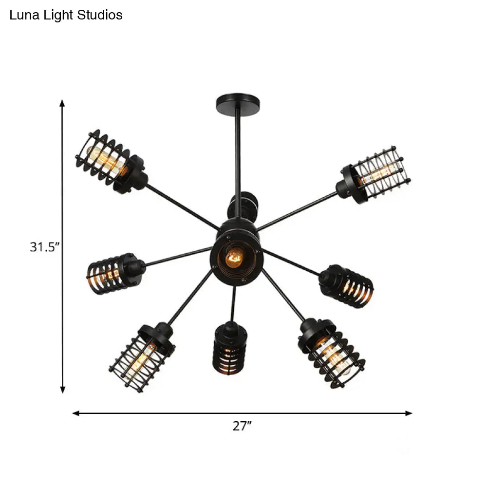 Vintage Black Chandelier Light: Starburst Metal With 9/12/15 Heads & Cylinder Frame Shade For