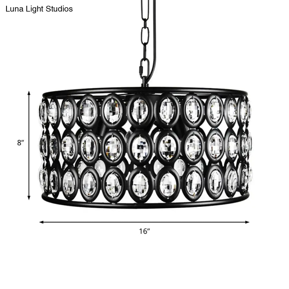 Vintage Black Drum Ceiling Lamp: Metal And Crystal Chandelier With 3 Lights For Living Room