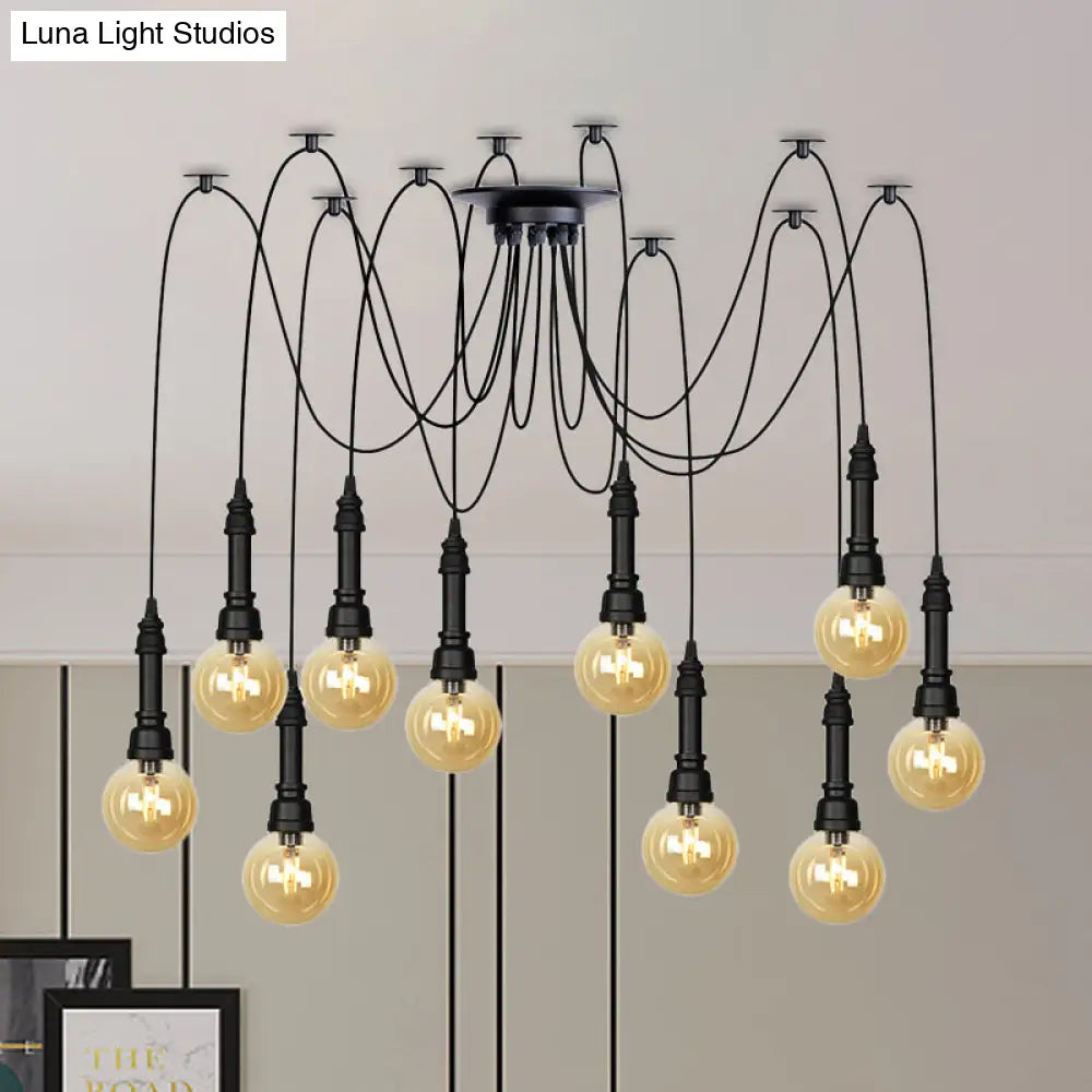 Vintage Black Finish Amber Glass Chandelier - Multi Light Pendant Lamp For Global Restaurants