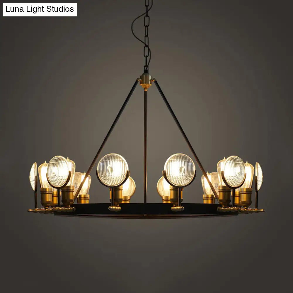 Vintage Black Grid Glass Lens Chandelier Lamp - 6/9/12 Lights Hanging Light Kit For Restaurants