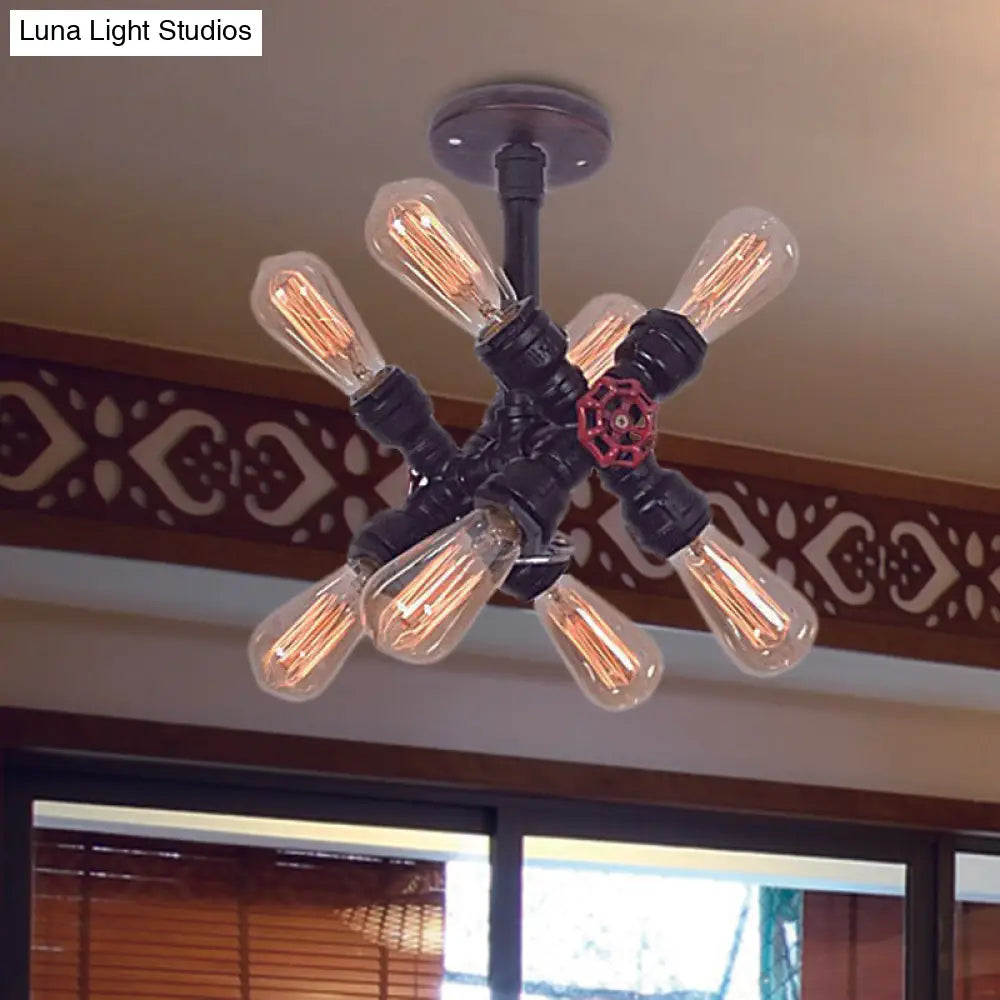 Vintage Black Iron Semi Flush Mount Light With 8 - Bulb Crossing Pipe Design - Ideal For Bedroom