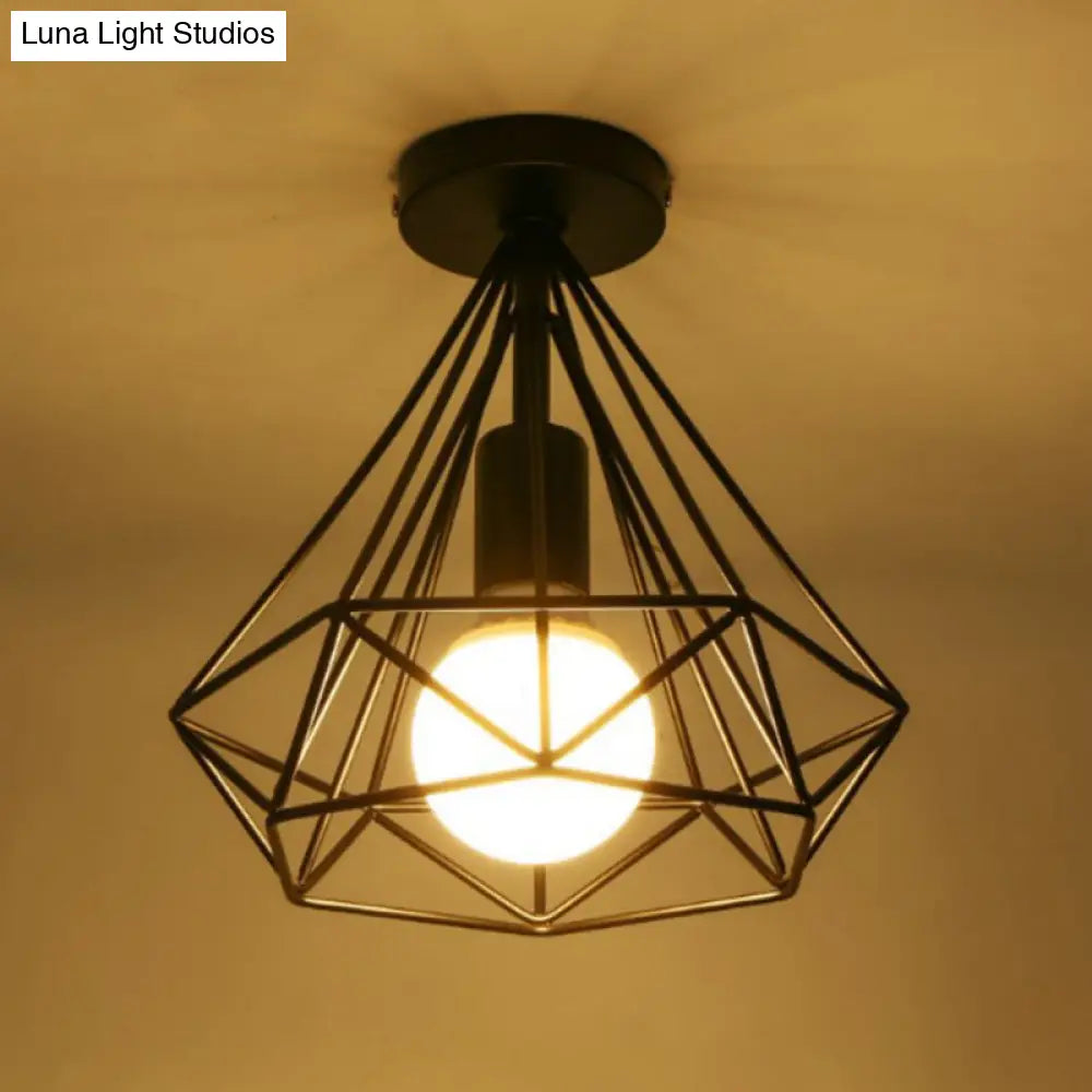 Vintage Black Iron Wire Diamond Ceiling Flush Light With 1 - Light Passageway Mount