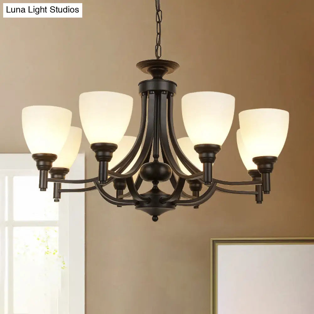 Vintage Black Pendant Light With Elegant White Glass Bell Shape For Dining Room