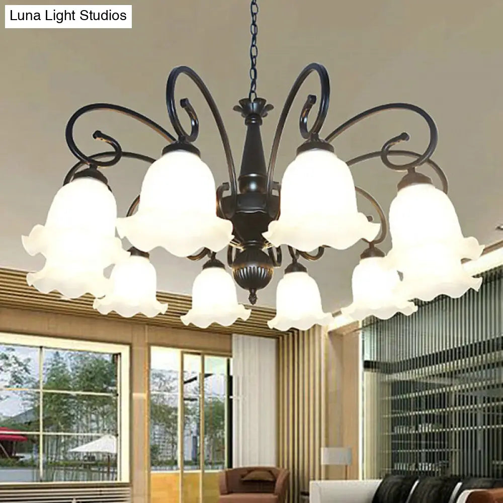 Vintage Black Ruffle Glass Floral Chandelier Pendant Light For Dining Room