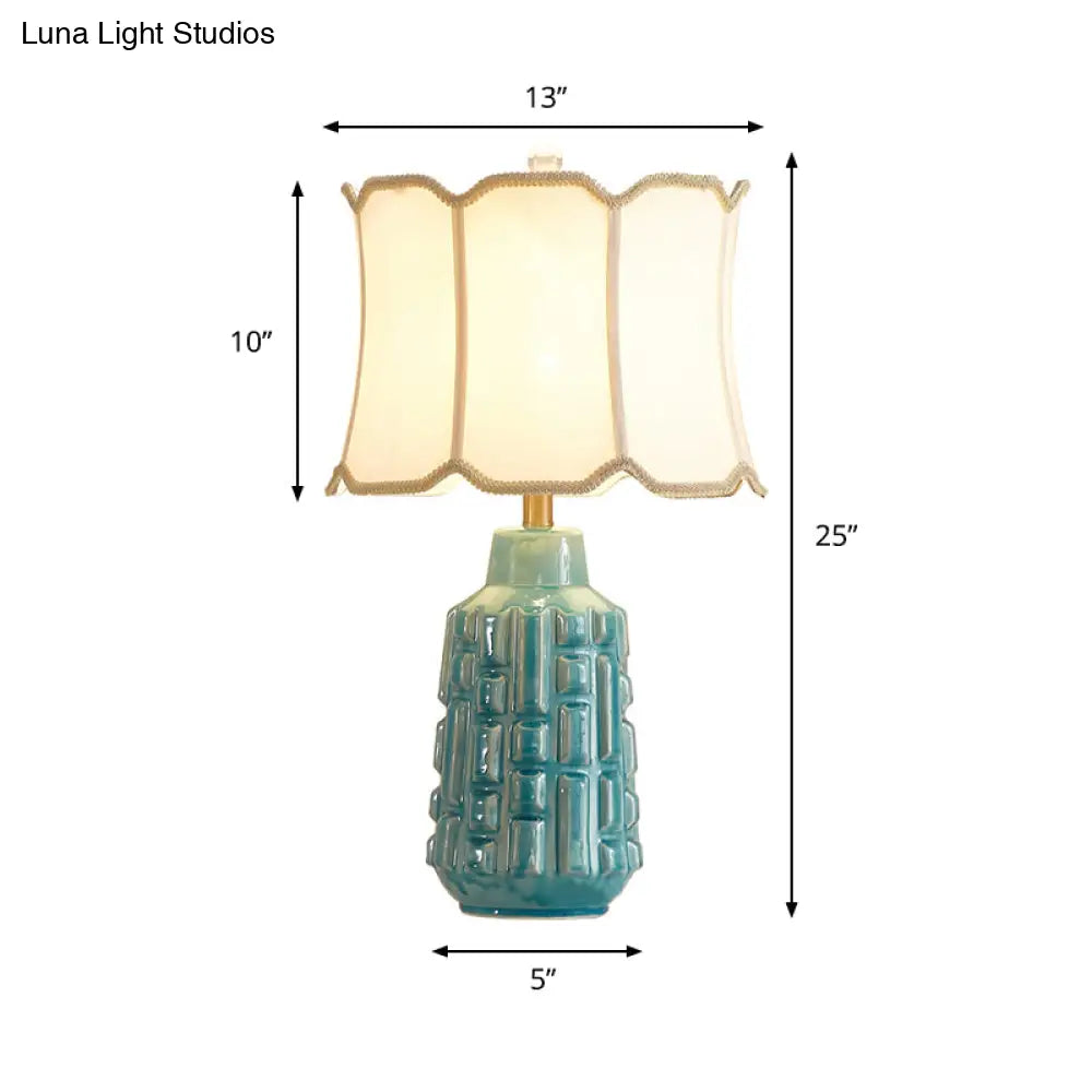 Vintage Blue Bell/Drum Table Lamp With Scalloped Fabric Shade - Ceramic Base For Parlor Nightstand