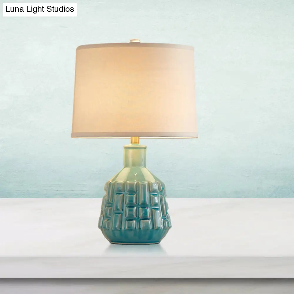 Vintage Blue Bell/Drum Table Lamp With Scalloped Fabric Shade - Ceramic Base For Parlor Nightstand