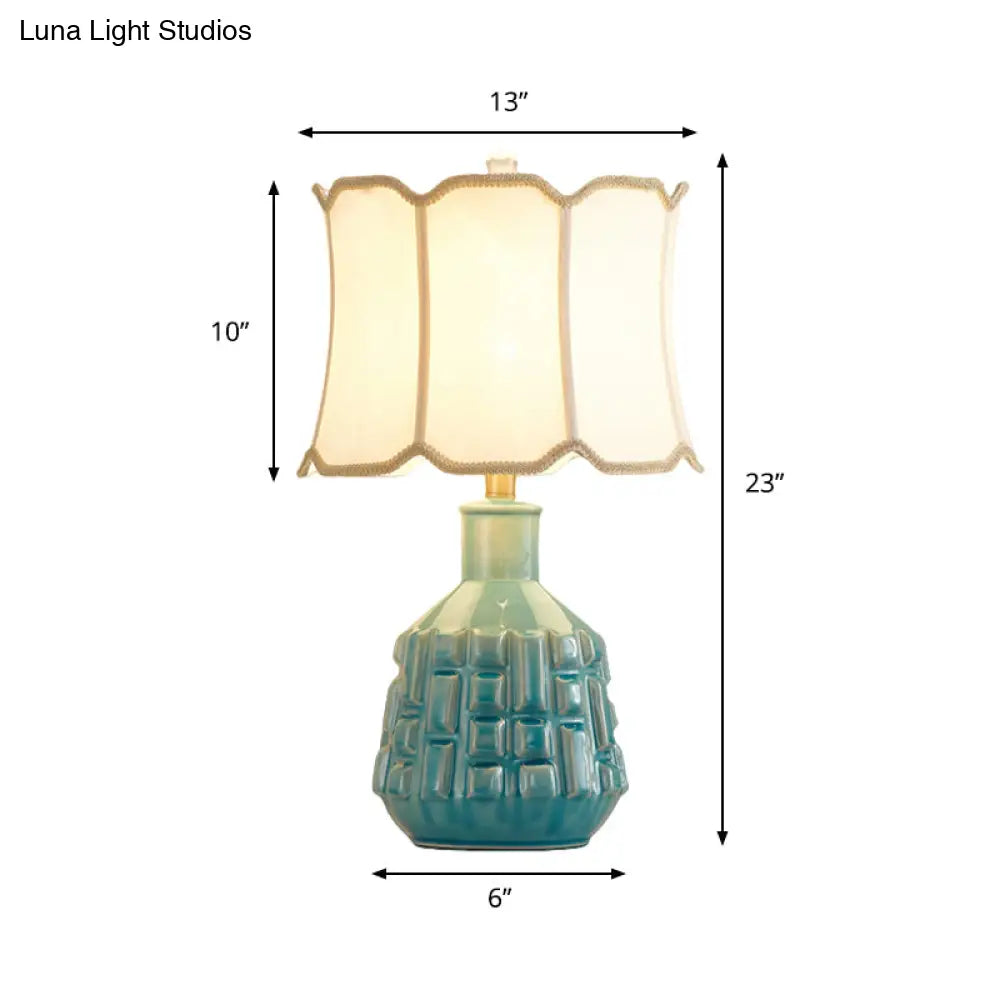 Vintage Blue Bell/Drum Table Lamp With Scalloped Fabric Shade - Ceramic Base For Parlor Nightstand