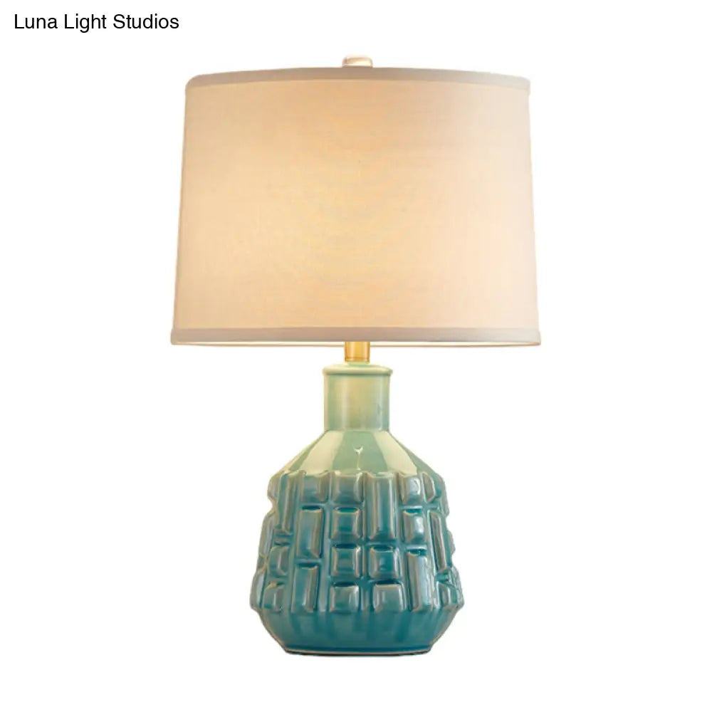 Vintage Blue Bell/Drum Table Lamp With Scalloped Fabric Shade - Ceramic Base For Parlor Nightstand