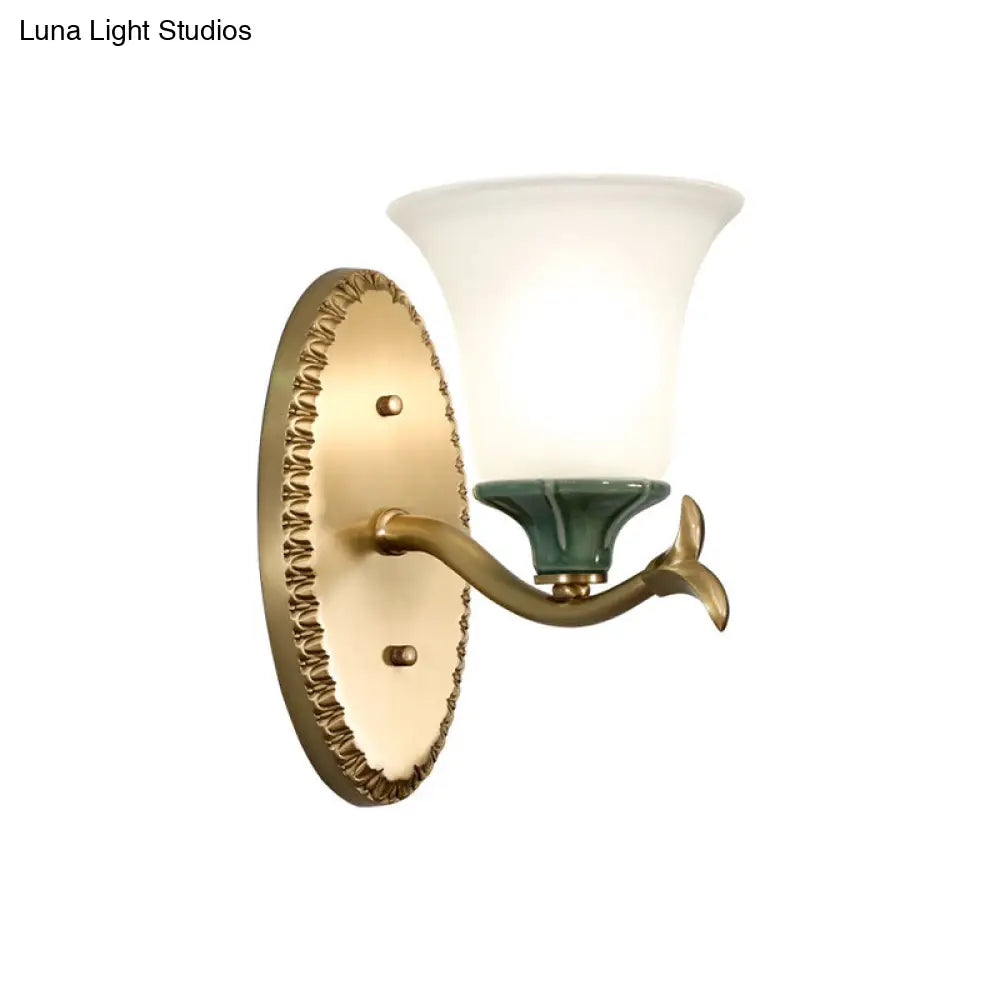 Vintage Brass Bell Sconce With Frosted Glass And Elliptical Backplate For Foyer Lighting