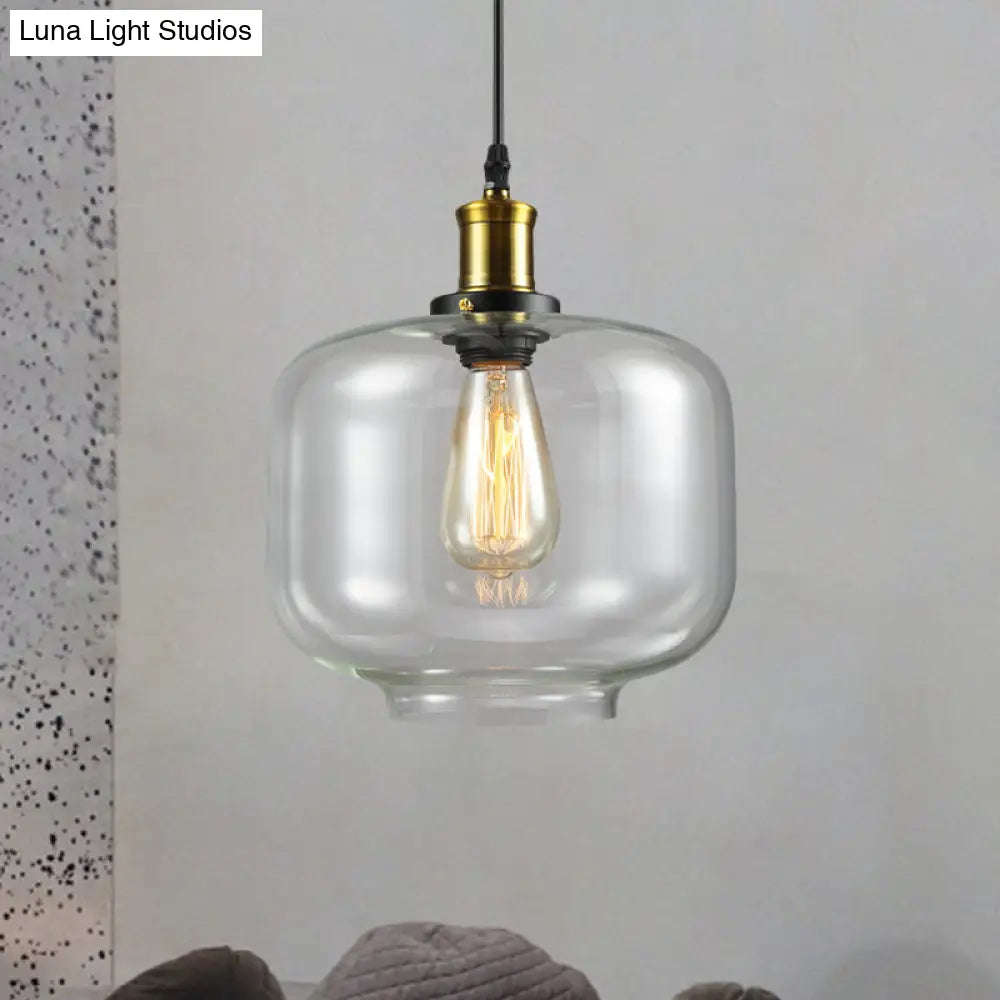 Vintage Brass Clear Glass Ceiling Pendant Light - 1-Light Cylinder/Dome/Schoolhouse Lamp