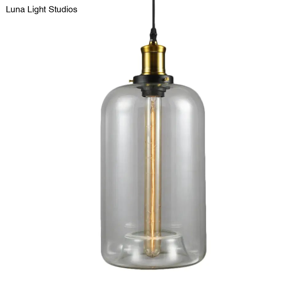 Vintage Brass Clear Glass Ceiling Pendant Light - 1-Light Cylinder/Dome/Schoolhouse Lamp