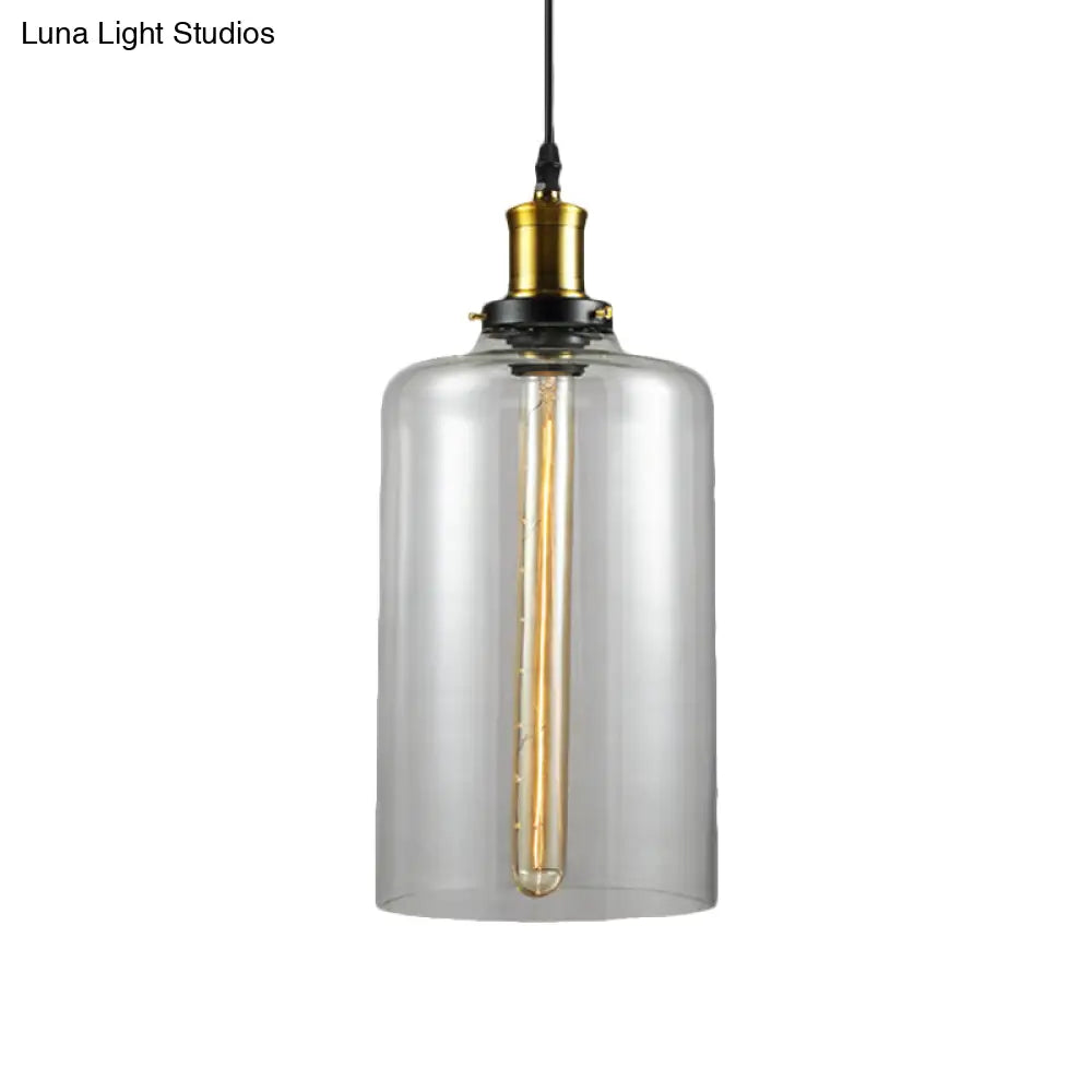 Vintage Brass Clear Glass Ceiling Pendant Light - 1-Light Cylinder/Dome/Schoolhouse Lamp