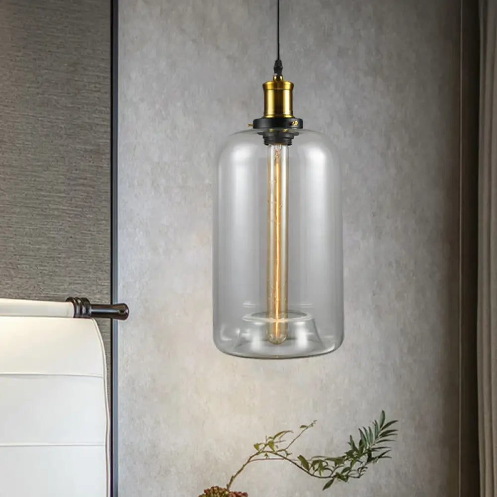Vintage Brass Clear Glass Ceiling Pendant Light - 1-Light Cylinder/Dome/Schoolhouse Lamp / B