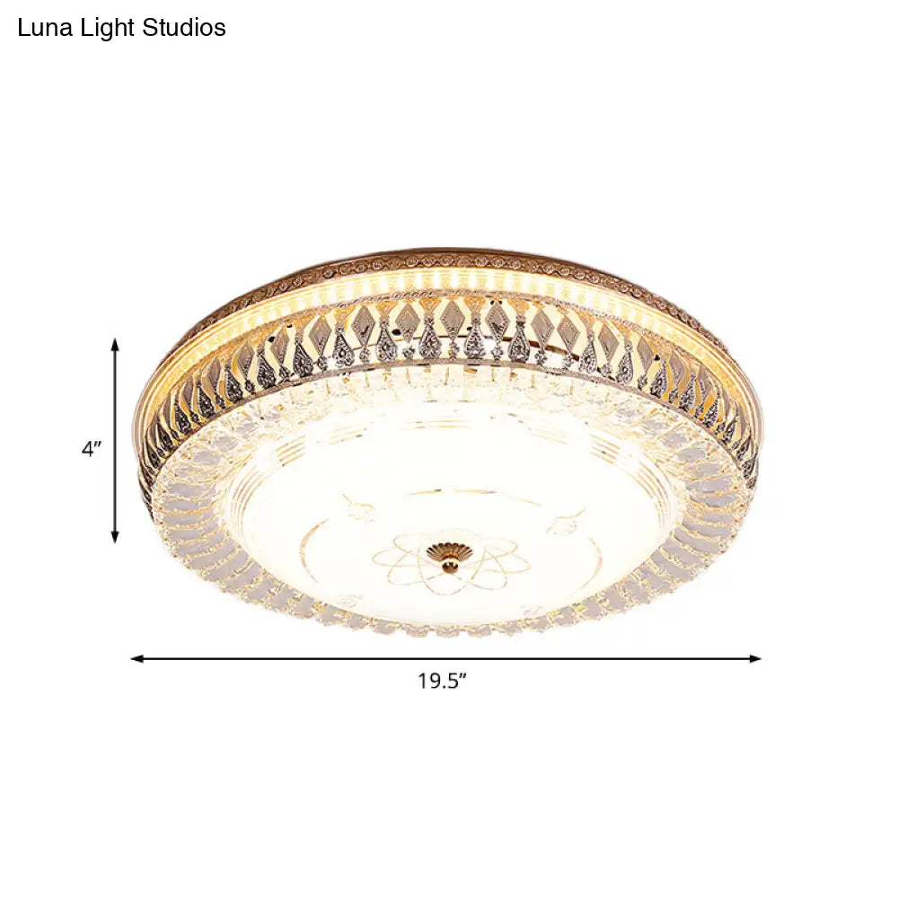 Vintage Brass Led Ceiling Light Fixture With Crystal Flush Mount Lamp And White Glass Shade -