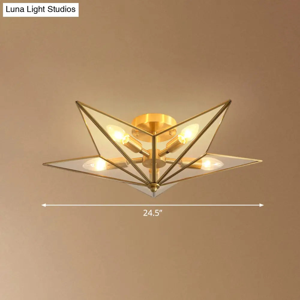 Vintage Brass Semi Flush Mount Ceiling Light With Amber Glass - 5 - Light Shaded Lighting For
