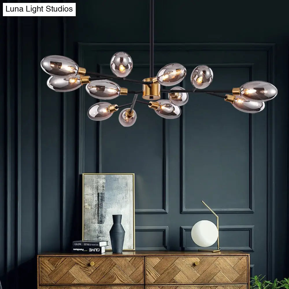 Vintage Brass Semi Mount Close To Ceiling Light With Smoke Grey Glass Shade - 12-Bulb Parlor