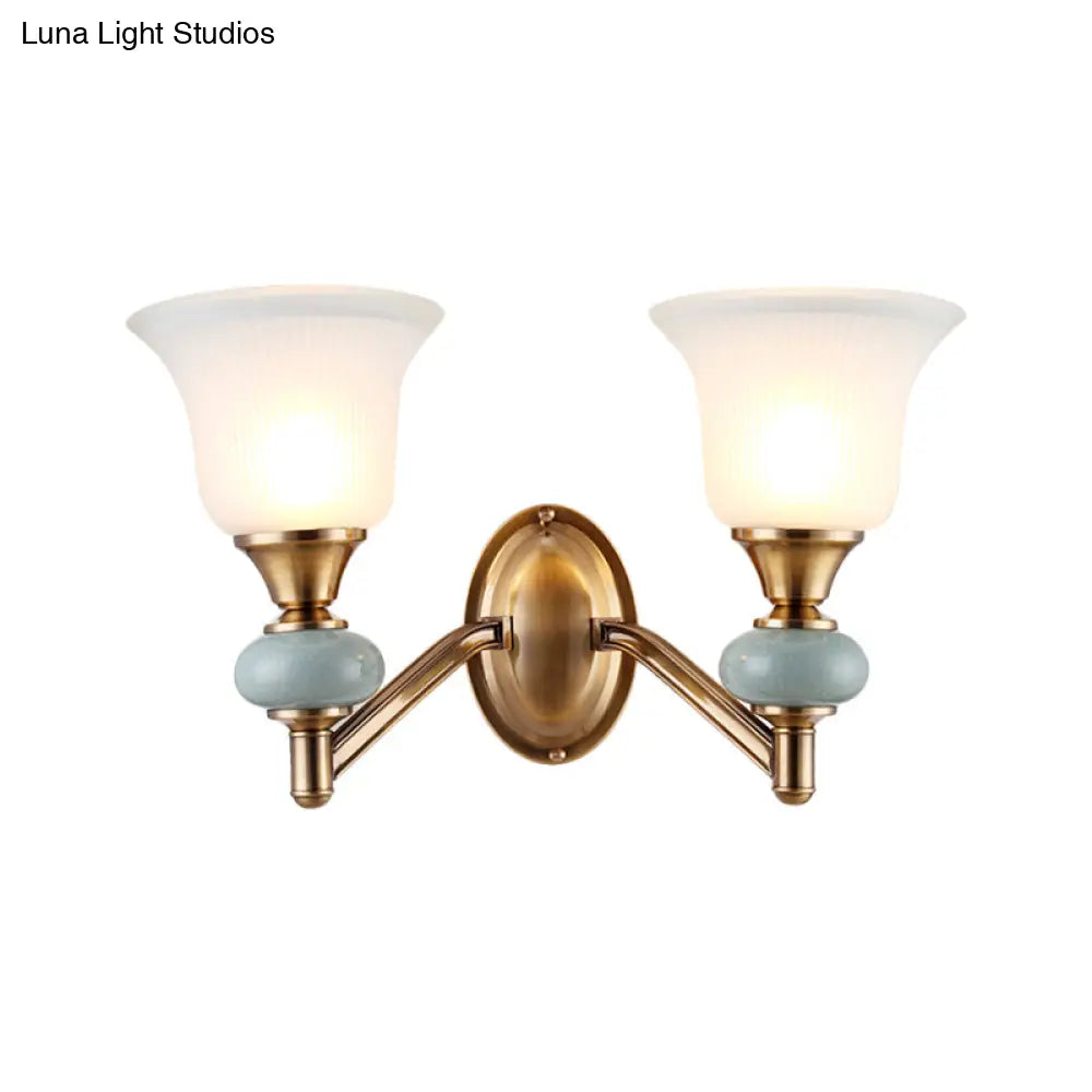 Vintage Brass Wall Light With Frosted Glass Bell Shade Half-Head Lighting For Bedroom