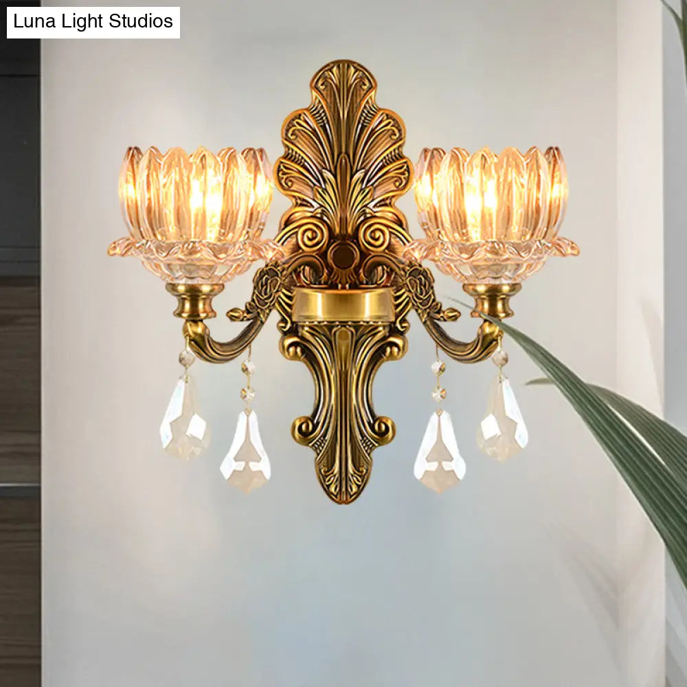 Vintage Brass Wall Sconce With Clear Glass Shade - Mid Century Flower Design 1/2-Light Mount Lamp
