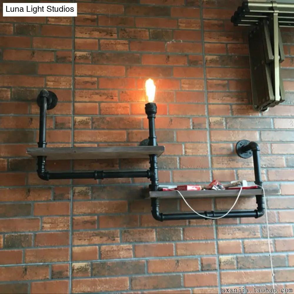 Vintage Bronze Wall Mount Light With Wood Shelf And Water Pipe Design For Living Room Décor