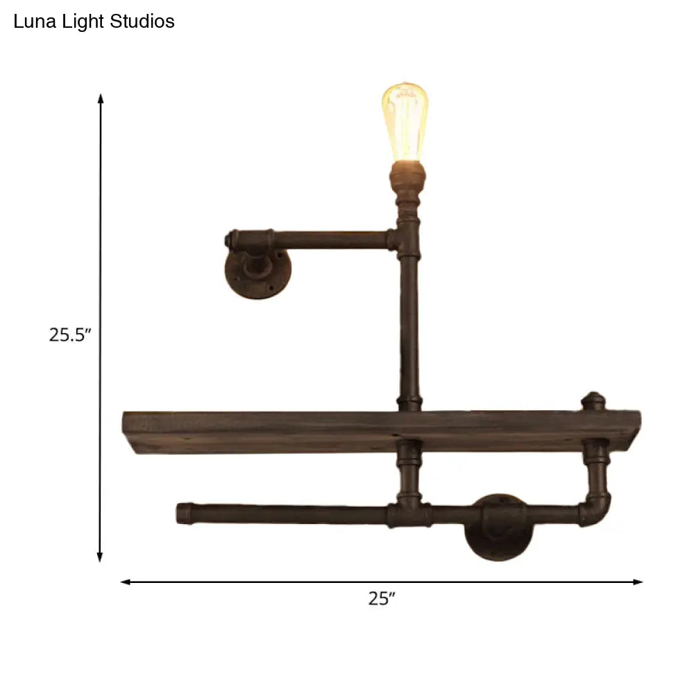Vintage Bronze Wall Mount Light With Wood Shelf And Water Pipe Design For Living Room Décor