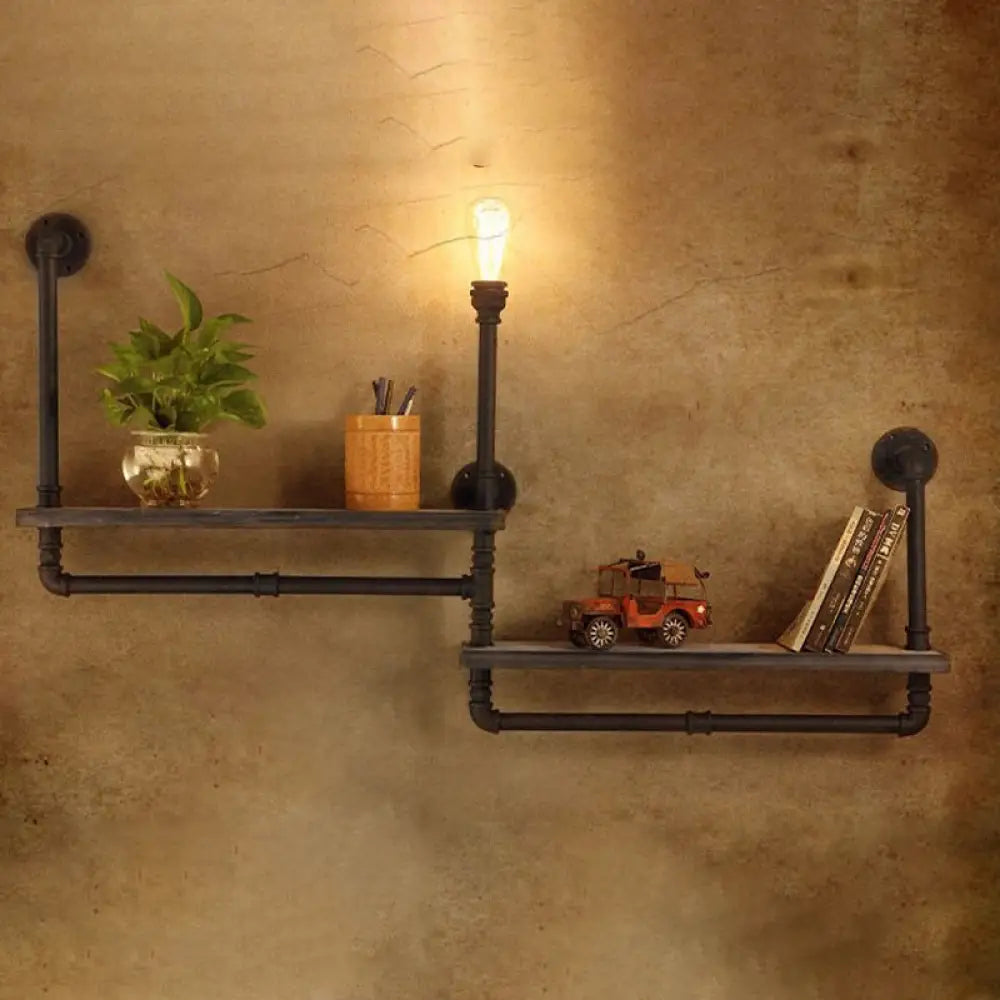 Vintage Bronze Wall Mount Light With Wood Shelf And Water Pipe Design For Living Room Décor / A