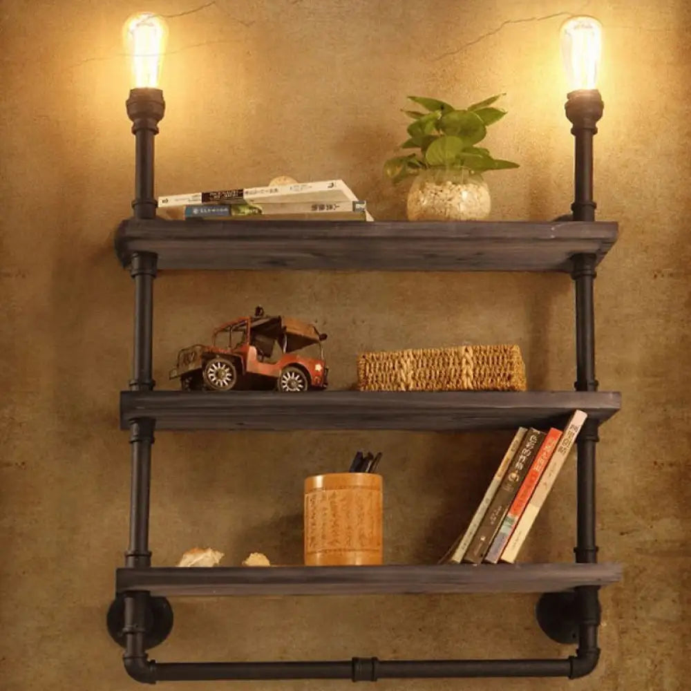 Vintage Bronze Wall Mount Light With Wood Shelf And Water Pipe Design For Living Room Décor / B