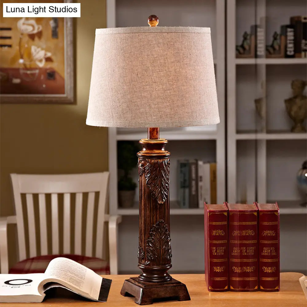Vintage Brown Carved Base Table Lamp With Tapered Fabric Shade - Perfect For Study Rooms And Night