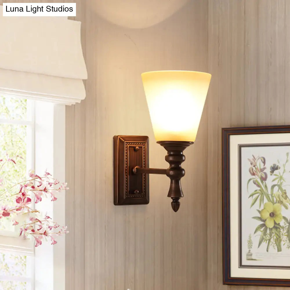 Vintage Brown Cone Shade Wall Mounted Lamp With Cream Glass - 1-Light Fixture For Living Room