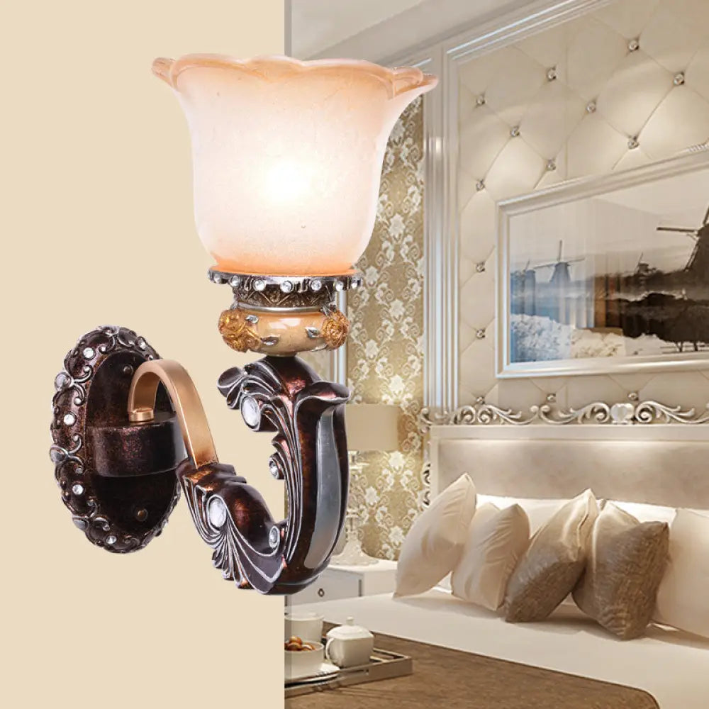 Vintage Brown Half-Head Wall Lamp With Pink And White Floral-Shaped Glass - Retro Lighting Fixture 1