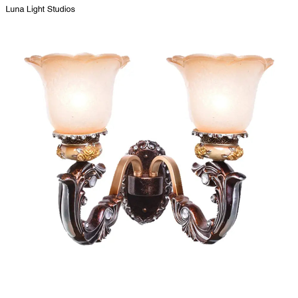 Vintage Brown Half-Head Wall Lamp With Pink And White Floral-Shaped Glass - Retro Lighting Fixture