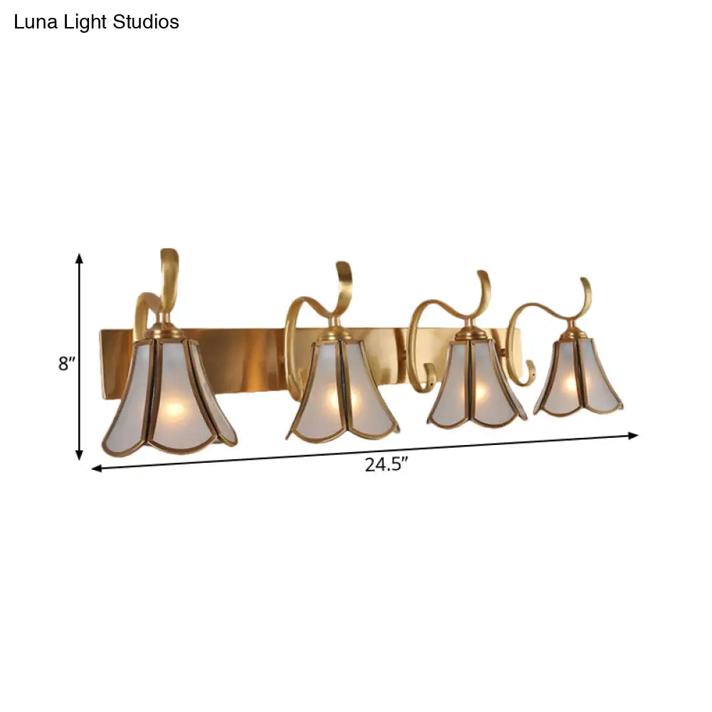 Vintage Colonial Floral Vanity Mirror Light: 4-Bulb Frosted Glass Sconce Wall Lighting In Gold