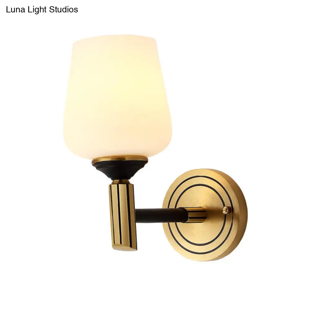 Vintage Conical Wall Sconce With Frosted Glass Shade In Black-Gold - Perfect For Foyer Lighting