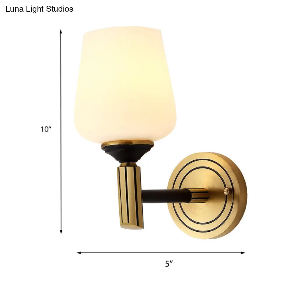 Vintage Conical Wall Sconce With Frosted Glass Shade In Black-Gold - Perfect For Foyer Lighting