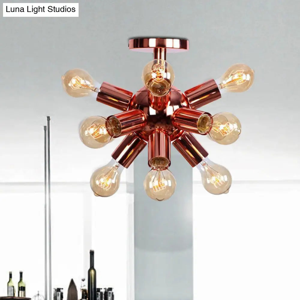 Vintage Copper Starburst Ceiling Light With Bare Bulb - Ideal For Restaurants (6/9 Heads)