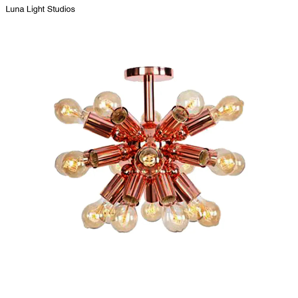 Vintage Copper Starburst Ceiling Light With Bare Bulb - Ideal For Restaurants (6/9 Heads)