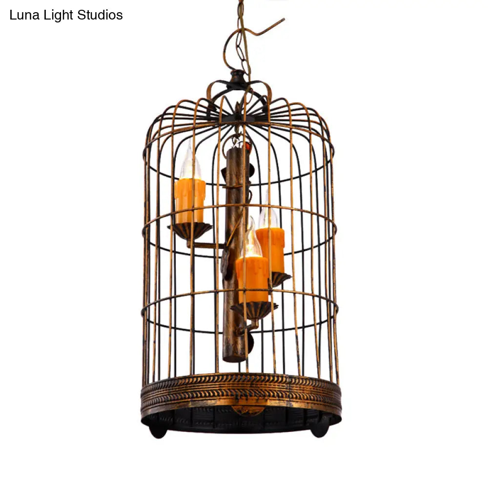Vintage Countryside Chandelier Lamp With Amber Drop Pendant And Resin Bird Cage