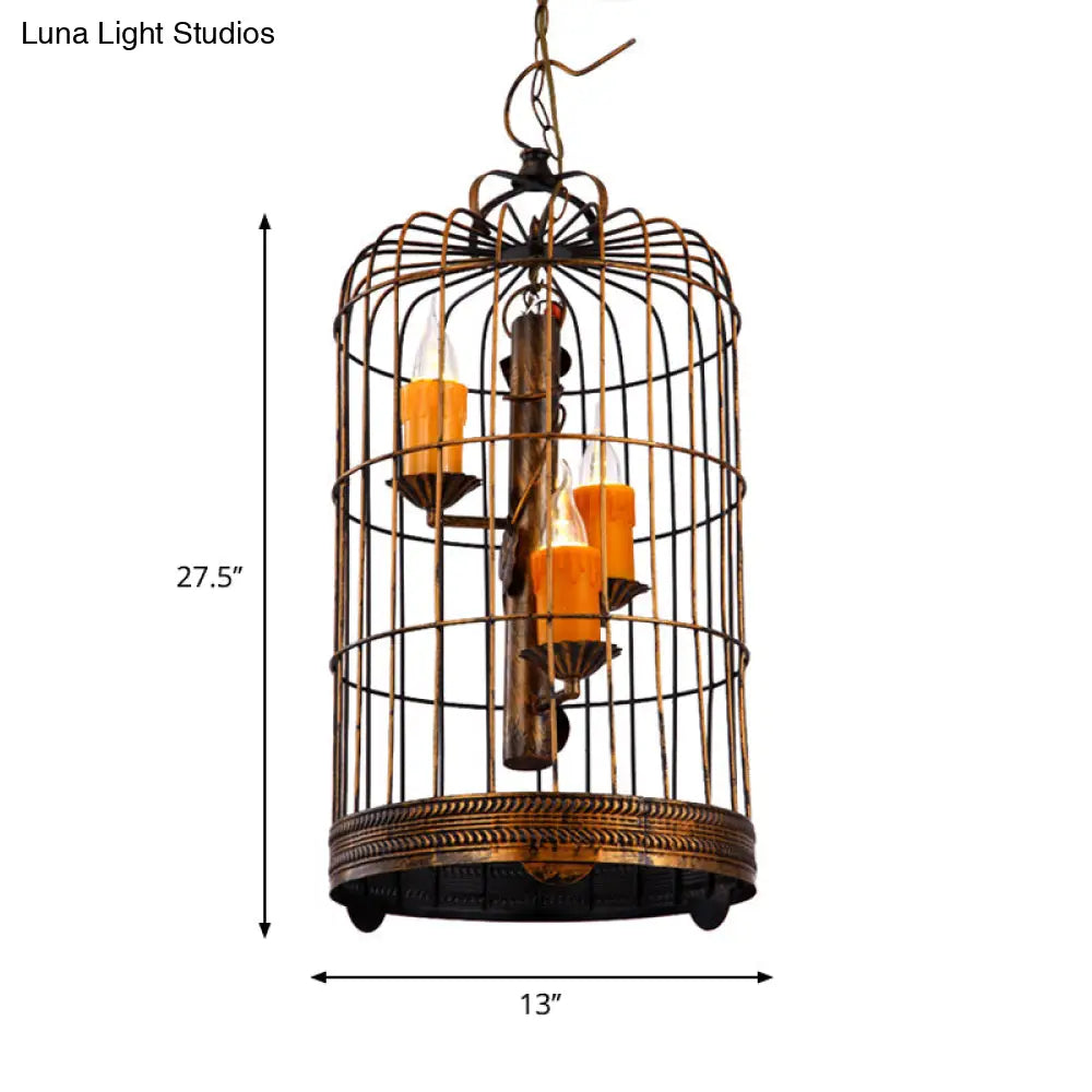 Vintage Countryside Chandelier Lamp With Amber Drop Pendant And Resin Bird Cage
