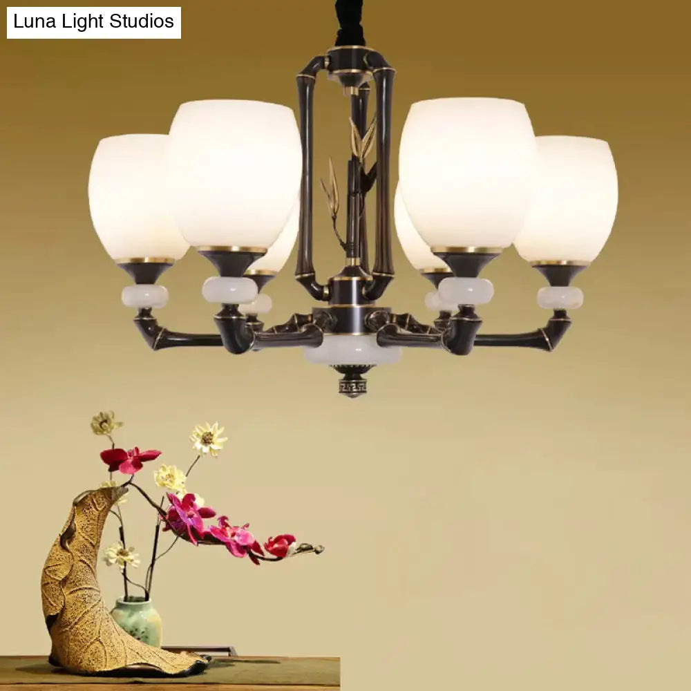 Vintage Cream Glass 6-Head Black Bell Suspension Chandelier For Dining Room