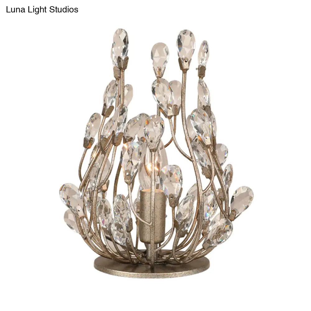 Vintage Crystal Flower Vine Table Lamp With Faceted Gold/Silver Finish - Elegant Hotel Nightstand