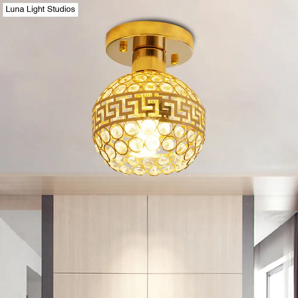 Vintage Crystal Gold Dome Ceiling Lamp With Oriental Trim And Inlaid Crystals - 1 Head Semi Mount