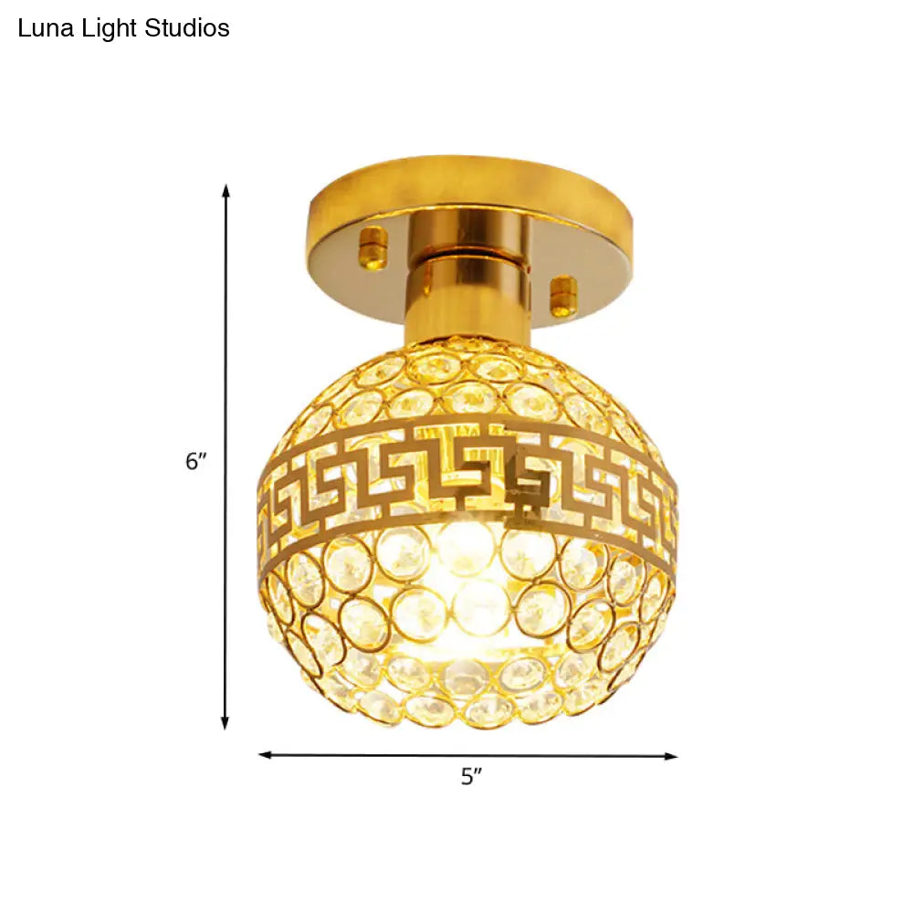 Vintage Crystal Gold Dome Ceiling Lamp With Oriental Trim And Inlaid Crystals - 1 Head Semi Mount