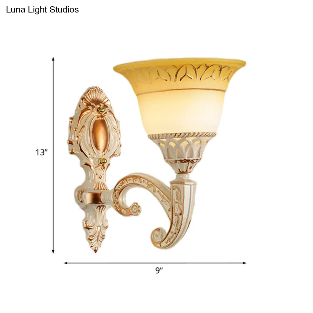 Vintage Curved Arm Metal Wall Lamp: 1/2-Head Sconce With Beige Glass Shade For Living Room